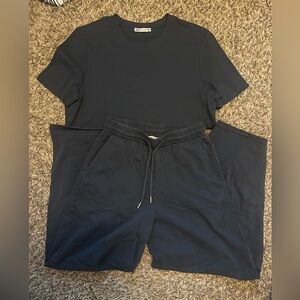 Zara Navy Blue Lounge Set- Short sleeve top with wide leg sweat pants